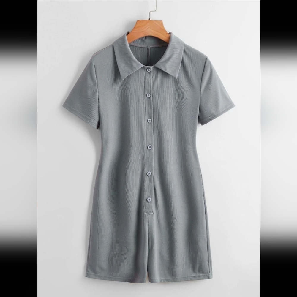 Solid Button Front Ribbed Jumpsuit